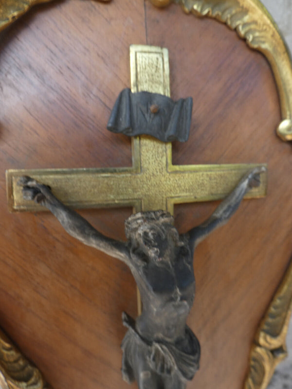 Antique Wood brass Wall plaque Crucifix religious christ