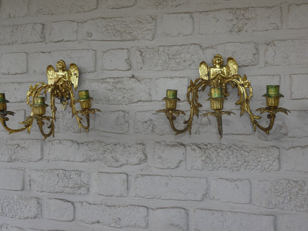 PAIR antique brass Wall candle holders Angels Figural Decor