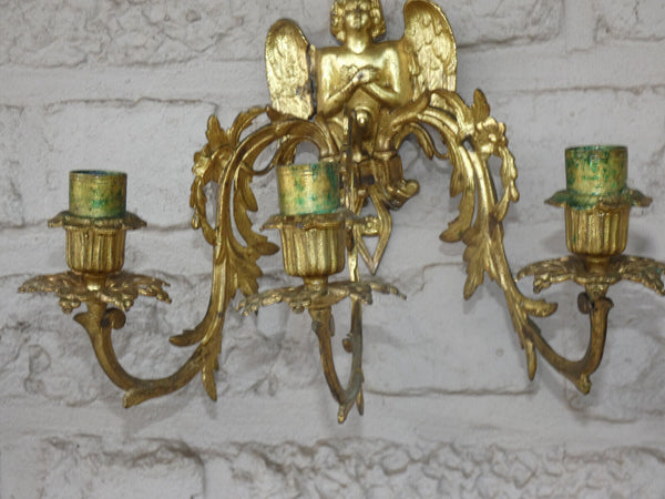 PAIR antique brass Wall candle holders Angels Figural Decor