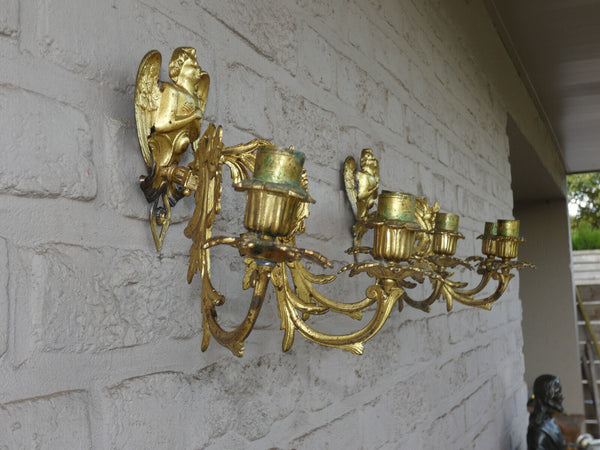 PAIR antique brass Wall candle holders Angels Figural Decor