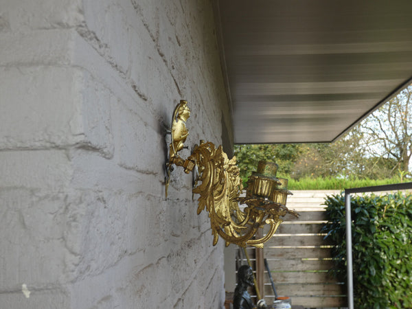 PAIR antique brass Wall candle holders Angels Figural Decor