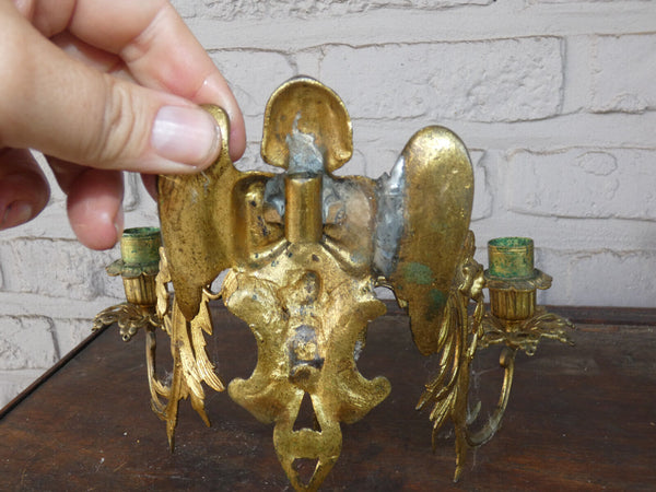 PAIR antique brass Wall candle holders Angels Figural Decor