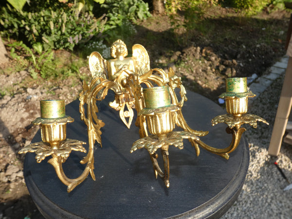 PAIR antique brass Wall candle holders Angels Figural Decor