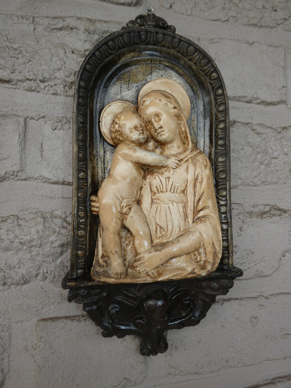 Antique French ceramic chalk madonna child wall plaque angel religious