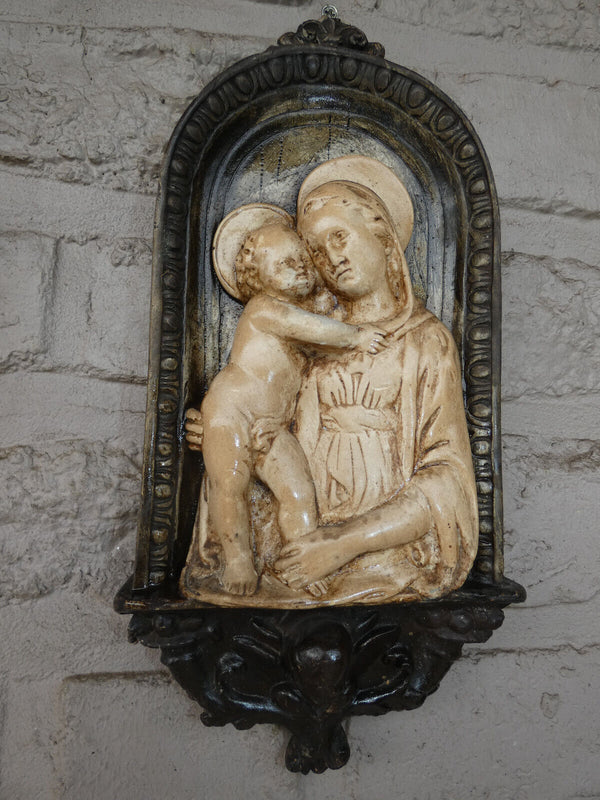 Antique French ceramic chalk madonna child wall plaque angel religious