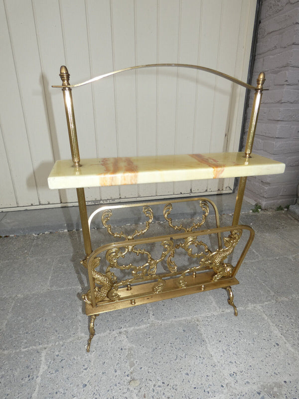 Vintage 1960 Brass onyx marble magazine rack newspaper dolphin