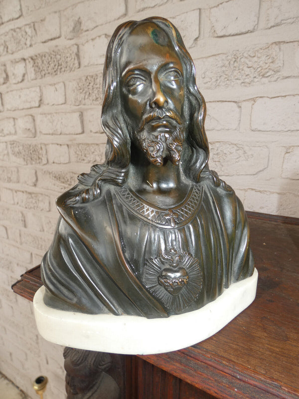 Antique Bronze CArli signed sacred jesus bust statue alabaster base signed