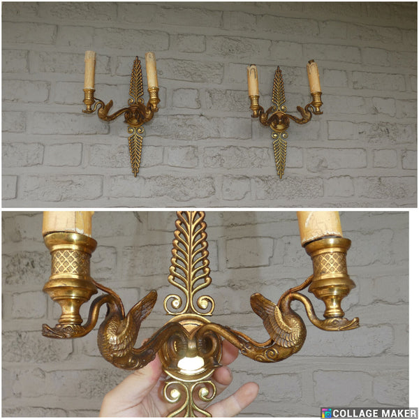 PAIR antique Bronze empire swan figurine wall lights sconces