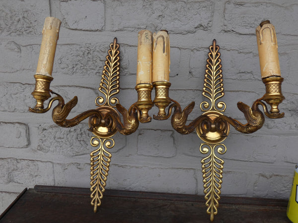 PAIR antique Bronze empire swan figurine wall lights sconces