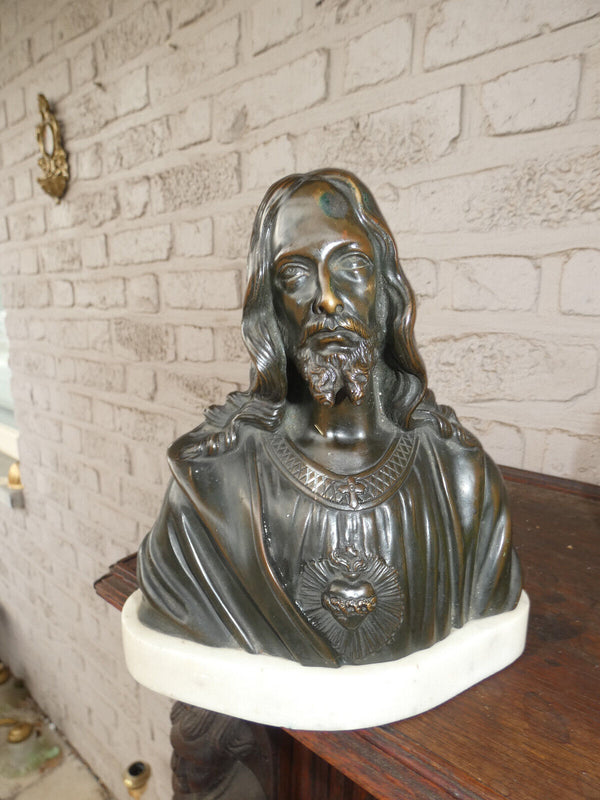 Antique Bronze CArli signed sacred jesus bust statue alabaster base signed