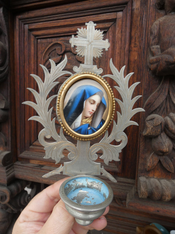 Antique French metal porcelain paint madonna medaillon holy water font rare