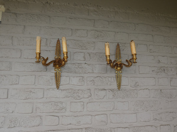 PAIR antique Bronze empire swan figurine wall lights sconces