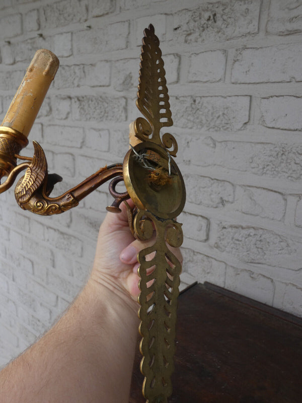 PAIR antique Bronze empire swan figurine wall lights sconces