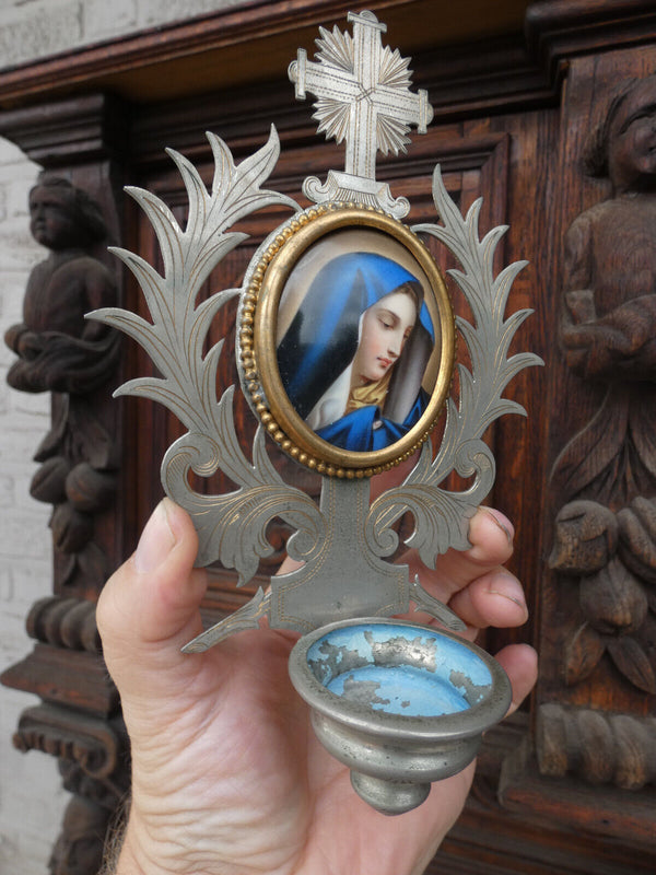 Antique French metal porcelain paint madonna medaillon holy water font rare