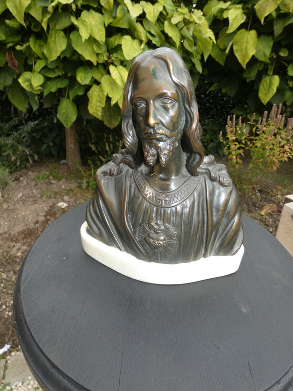 Antique Bronze CArli signed sacred jesus bust statue alabaster base signed