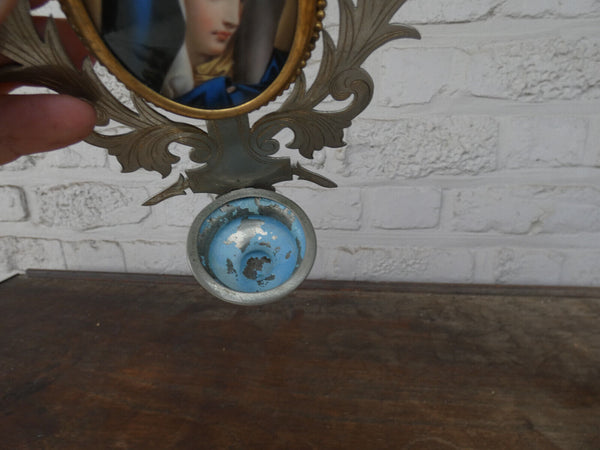 Antique French metal porcelain paint madonna medaillon holy water font rare