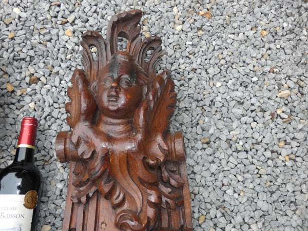 PAIR Large 1800s Antique Wood carved putti cherub wall plaque panels