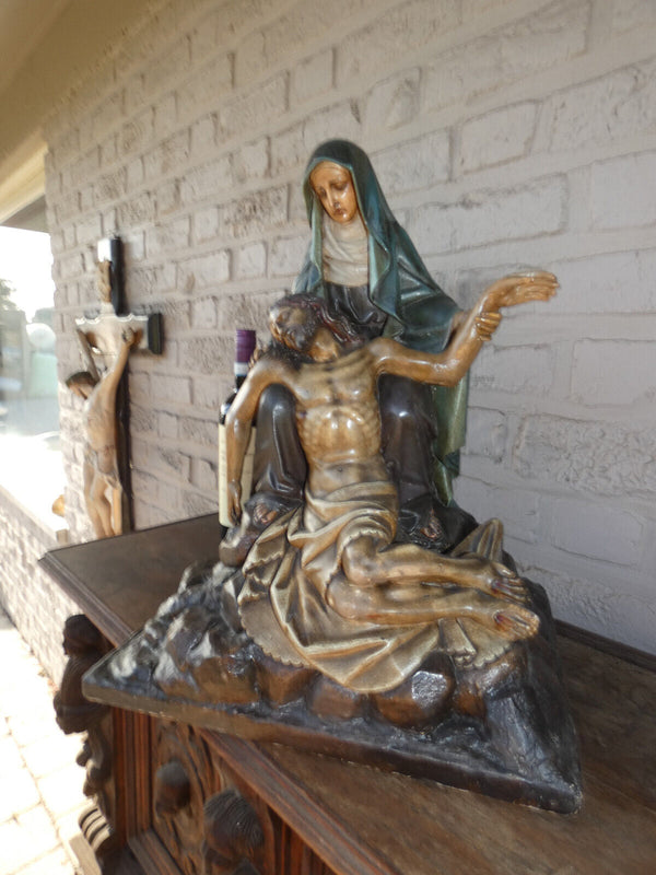 Antique french Large Wood Ceramic chalk Pieta Sculpture statue religious rare