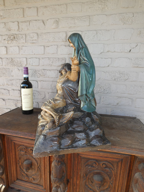 Antique french Large Wood Ceramic chalk Pieta Sculpture statue religious rare