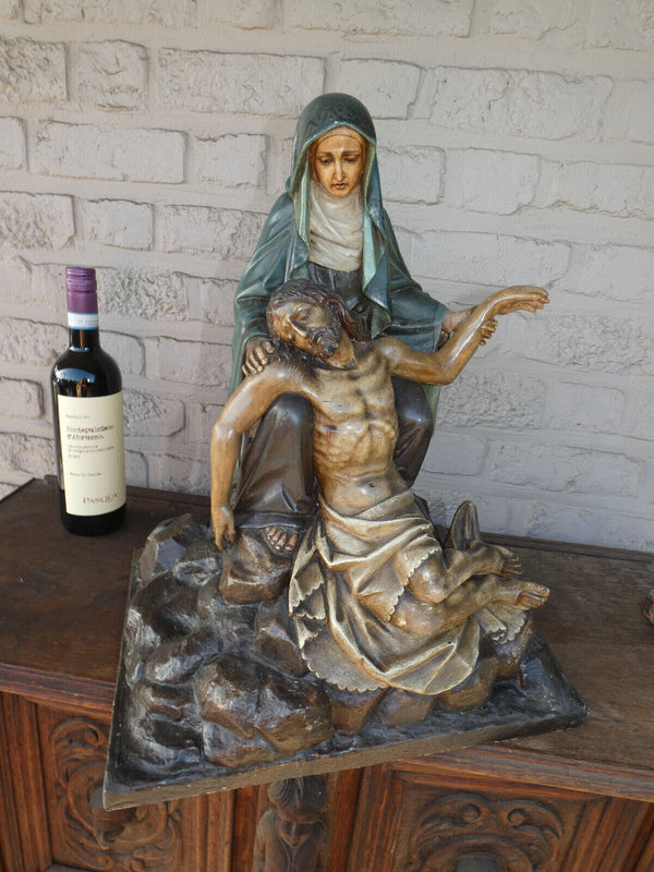 Antique french Large Wood Ceramic chalk Pieta Sculpture statue religious rare