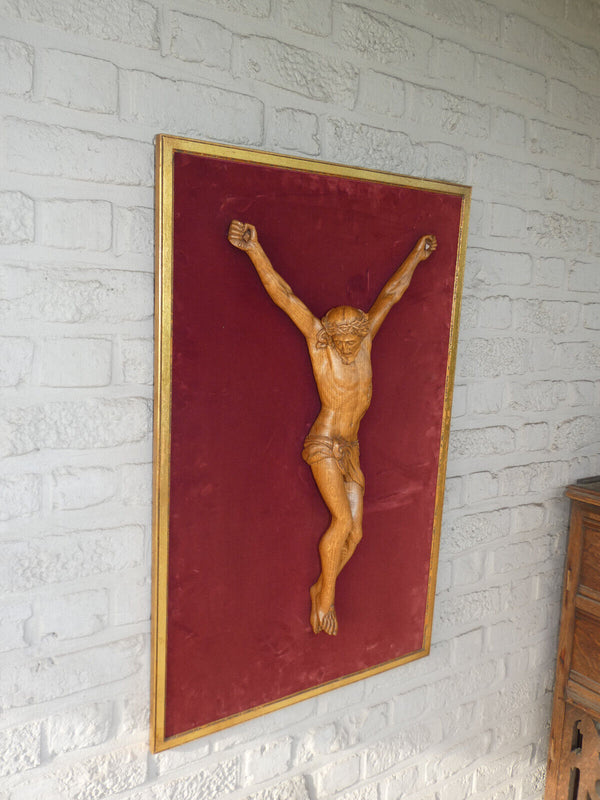 Antique XL Religious plaque Wall corpus christ wood carved rare velvet