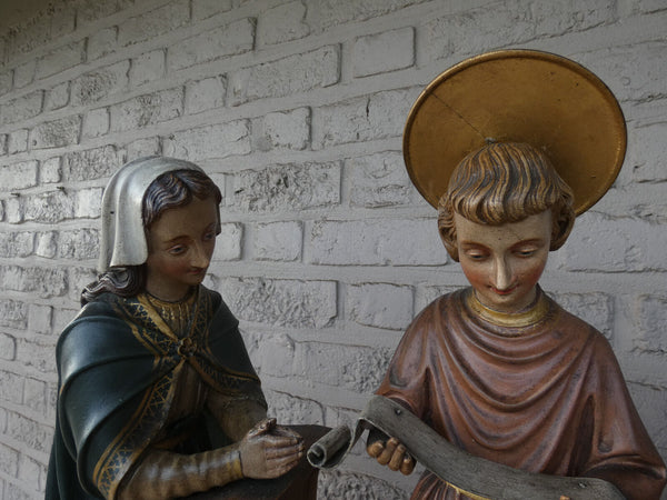 XL 19thc Wood carved church sculpture statue group holy family jesus mary joseph