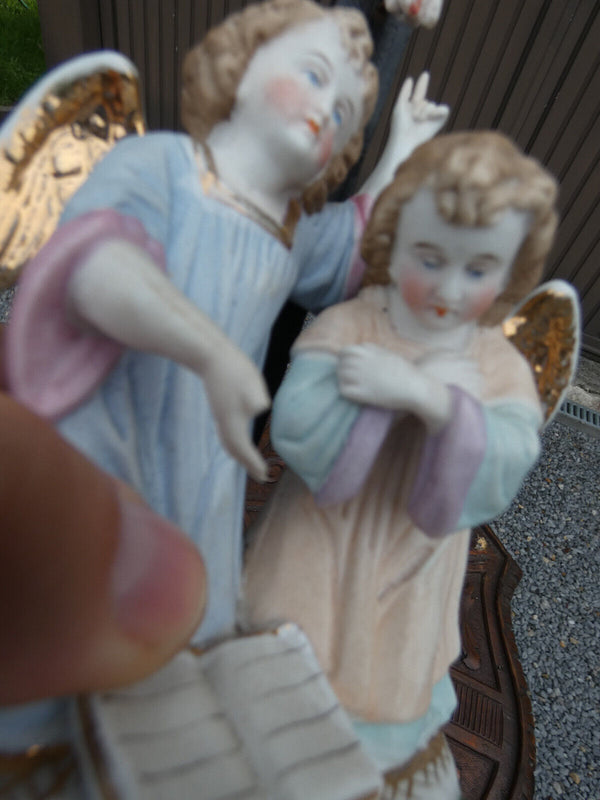 Antique old paris porcelain holy water font crucifix angels religious