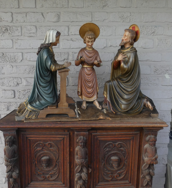 XL 19thc Wood carved church sculpture statue group holy family jesus mary joseph