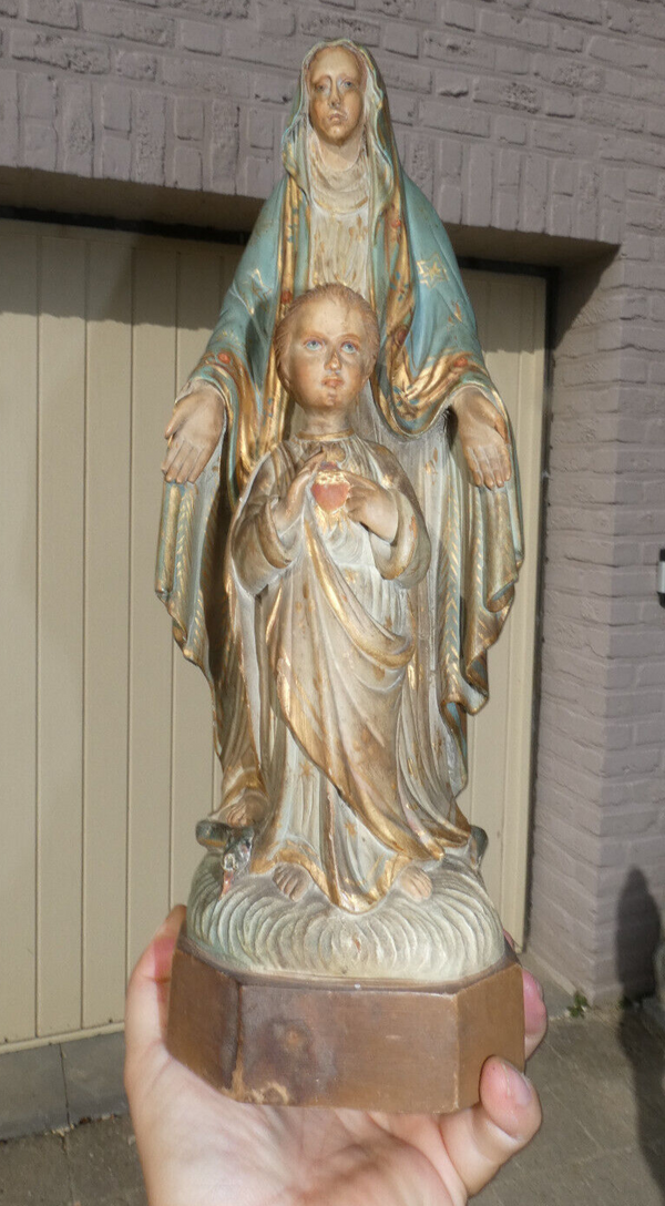 Antique French wood carved polychrome mary Jesus Statue sculpture rare religious