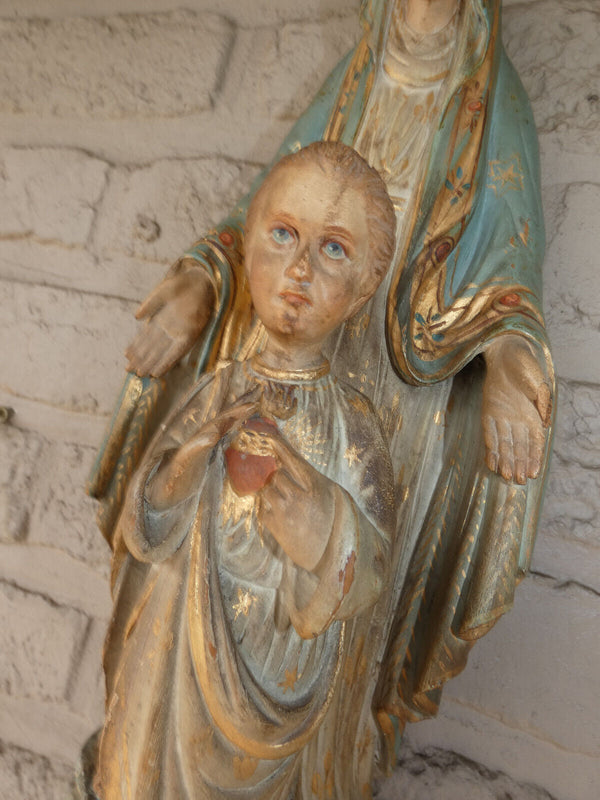 Antique French wood carved polychrome mary Jesus Statue sculpture rare religious