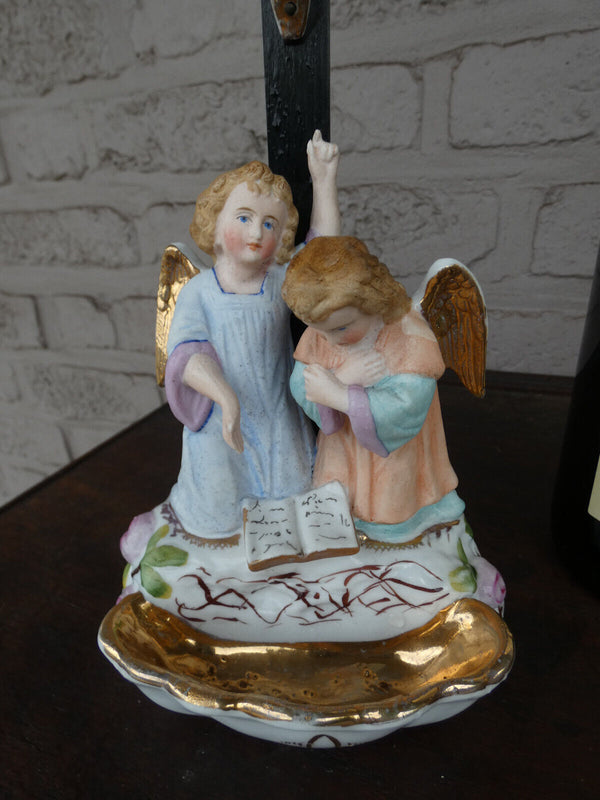 antique french vieux paris porcelain holy water font angels crucifix rare