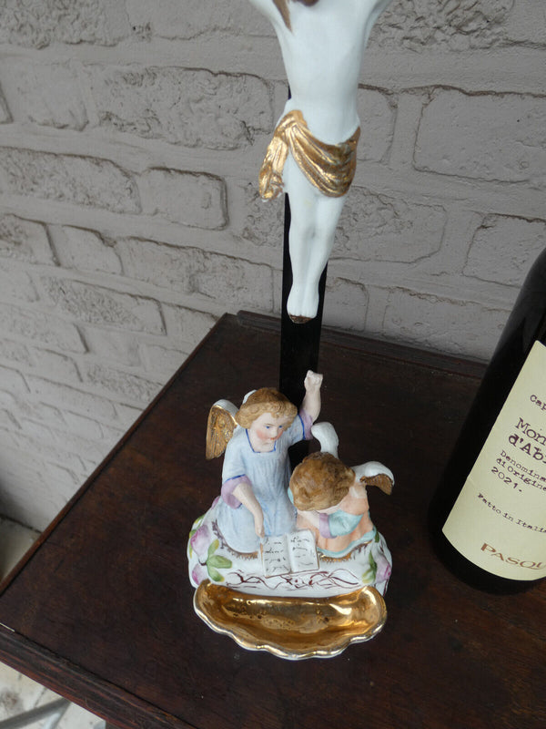 antique french vieux paris porcelain holy water font angels crucifix rare