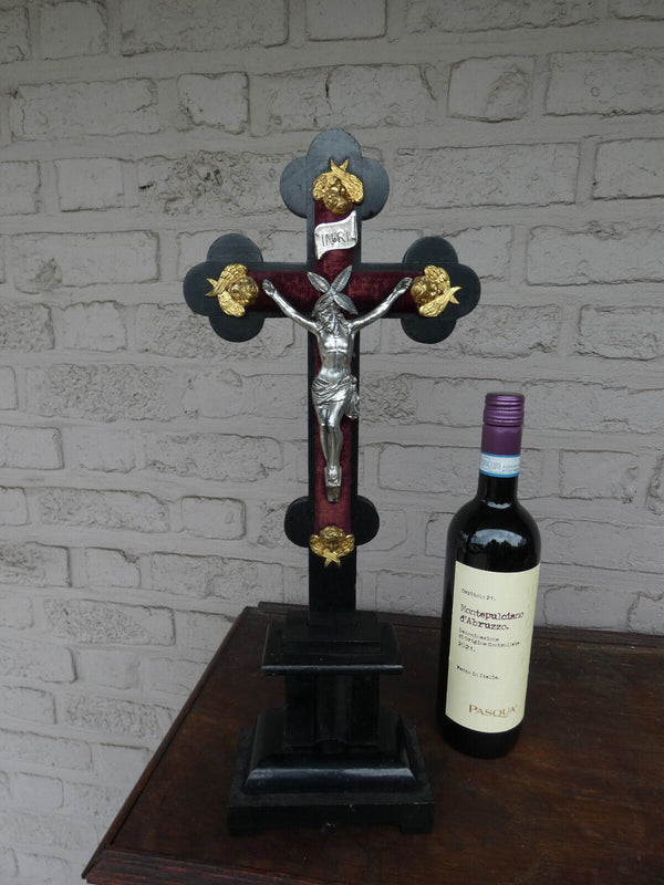 Vintage 1960 Wood carved cross crucifix metal corpus angels