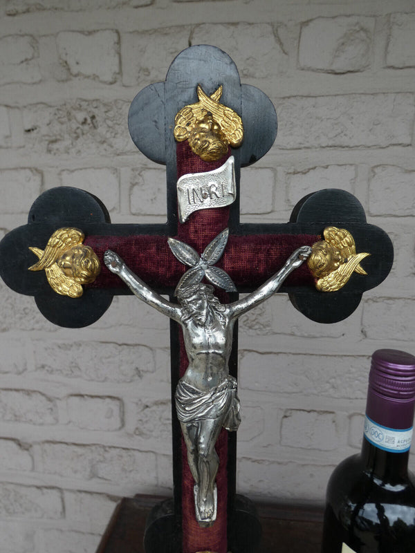 Vintage 1960 Wood carved cross crucifix metal corpus angels