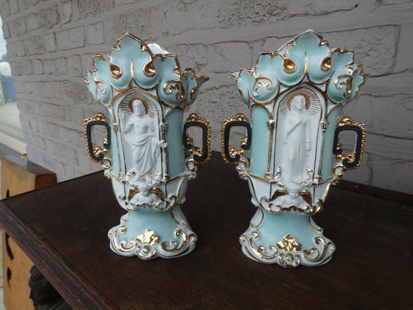 pair antique old paris porcelain vases with niche saint figurines religious