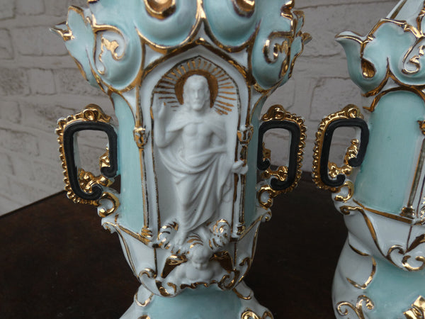 pair antique old paris porcelain vases with niche saint figurines religious