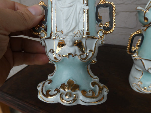 pair antique old paris porcelain vases with niche saint figurines religious