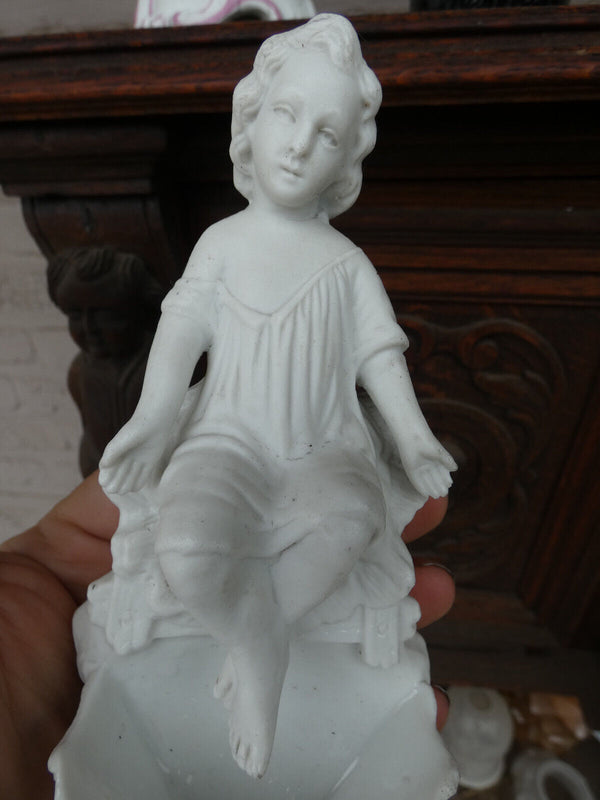 Antique French bisque porcelain letu mauger signed angel holy water font