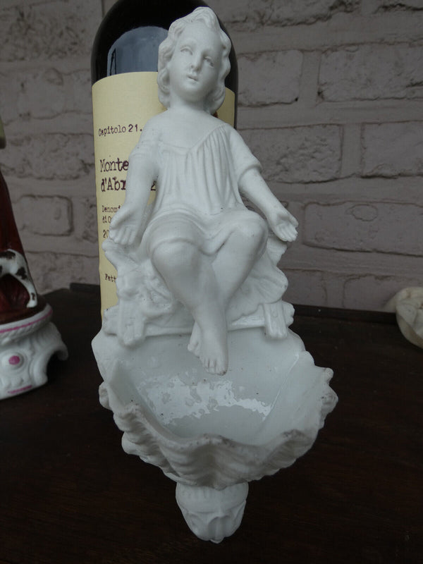 Antique French bisque porcelain letu mauger signed angel holy water font