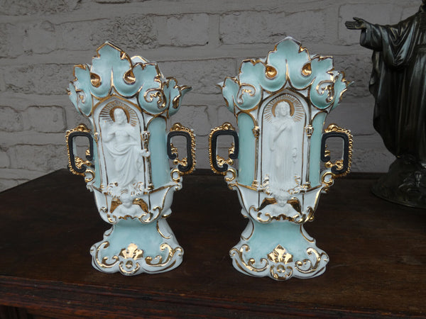 pair antique old paris porcelain vases with niche saint figurines religious