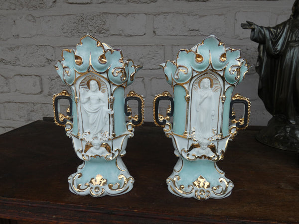 pair antique old paris porcelain vases with niche saint figurines religious