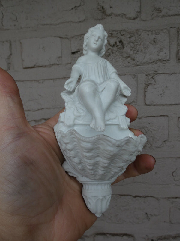 Antique French bisque porcelain letu mauger signed angel holy water font