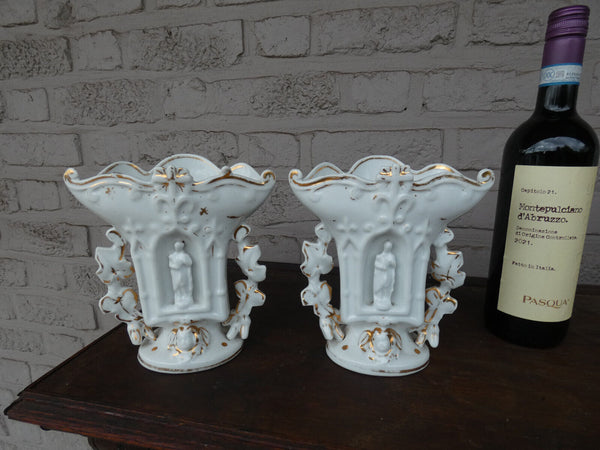 PAIR antique french vieux paris porcelain religious niche saint figurine vases