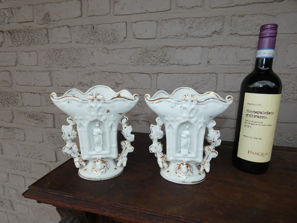 PAIR antique french vieux paris porcelain religious niche saint figurine vases