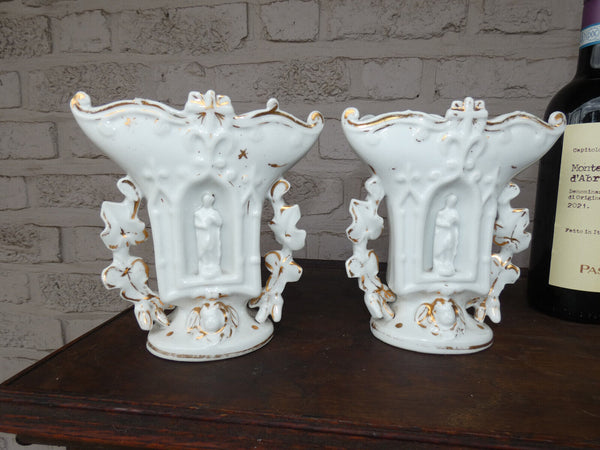 PAIR antique french vieux paris porcelain religious niche saint figurine vases