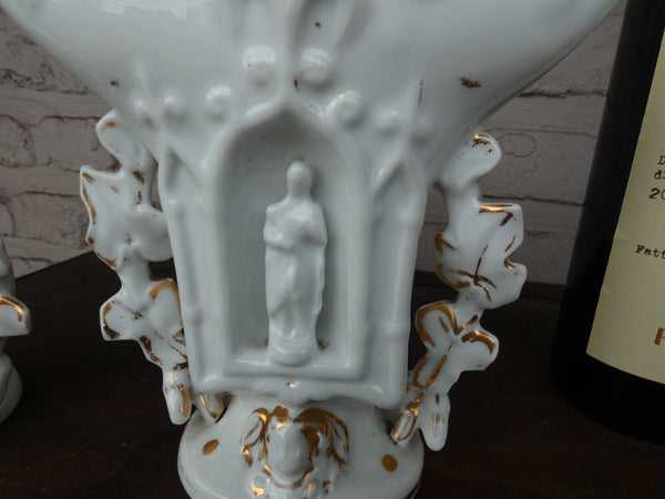 PAIR antique french vieux paris porcelain religious niche saint figurine vases