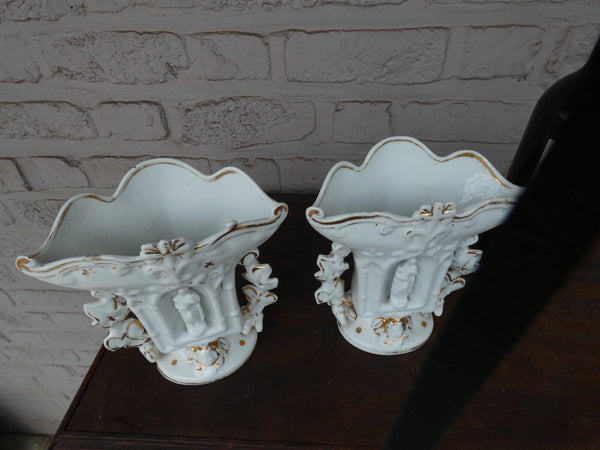 PAIR antique french vieux paris porcelain religious niche saint figurine vases