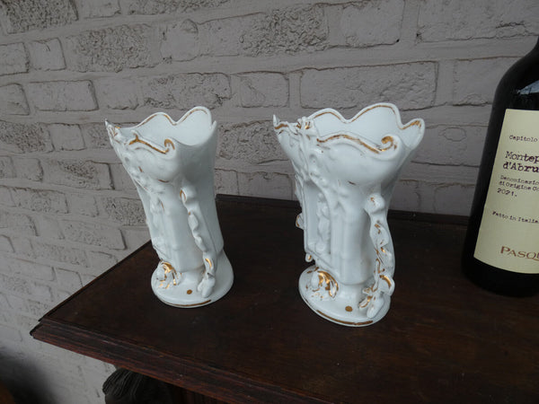 PAIR antique french vieux paris porcelain religious niche saint figurine vases