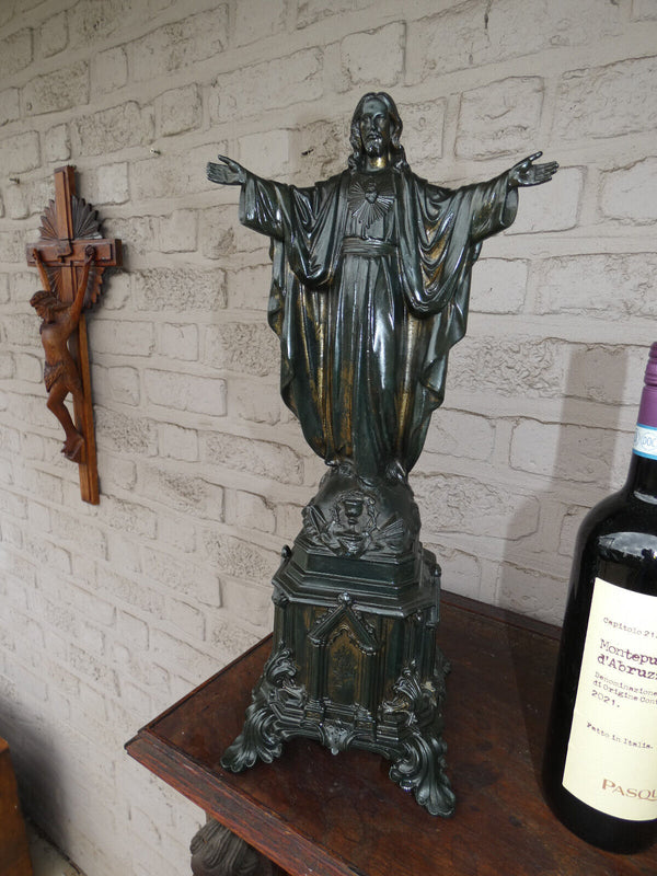 Large Antique marked Spelter bronze patina Jesus christ statue neo gothic base