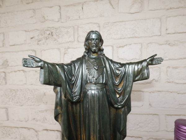 Large Antique marked Spelter bronze patina Jesus christ statue neo gothic base